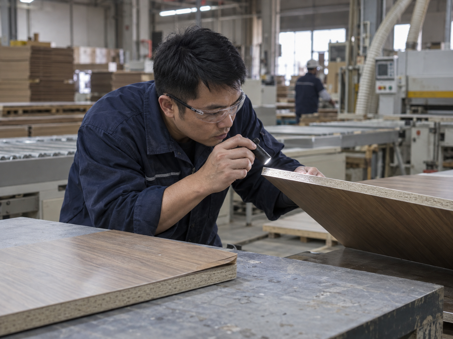 Technician inspecting a wood panel edge after edge banding in a manufacturing workshop